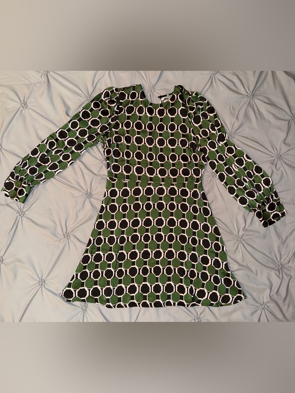 Traffic People Green Geometric Long Sleeve Fit-and-Flare Dress
